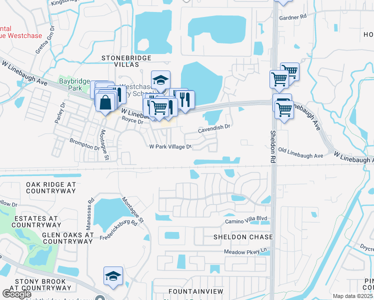 map of restaurants, bars, coffee shops, grocery stores, and more near 9518 West Park Village Drive in Tampa