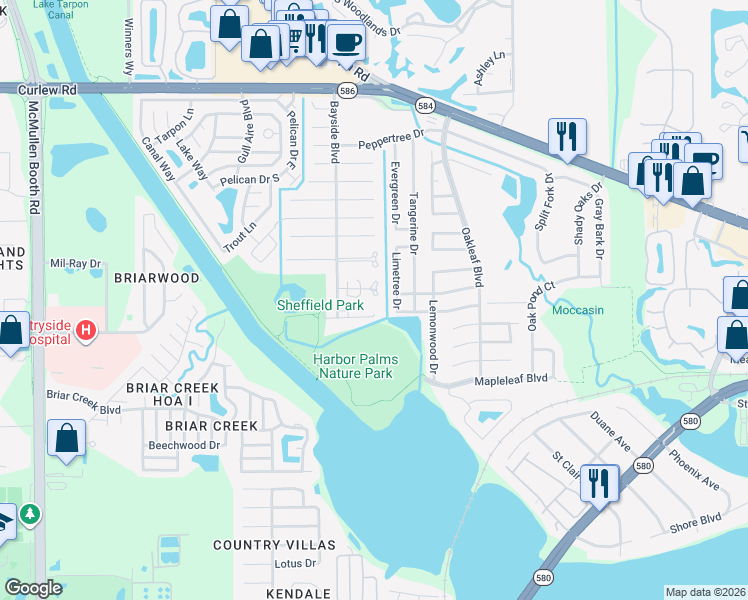 map of restaurants, bars, coffee shops, grocery stores, and more near 1909 Castle Bay Court in Oldsmar