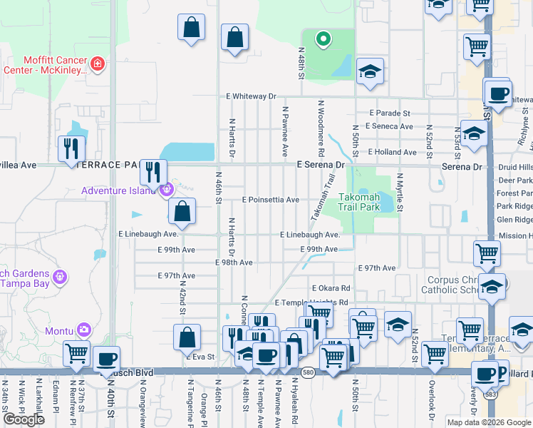 map of restaurants, bars, coffee shops, grocery stores, and more near 10014 North Oklawaha Avenue in Tampa