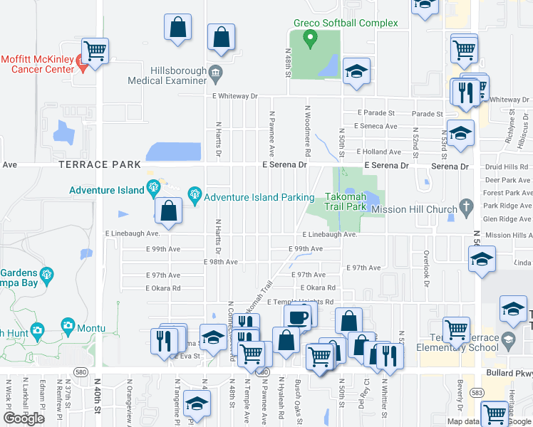 map of restaurants, bars, coffee shops, grocery stores, and more near 10014 North Pawnee Avenue in Tampa