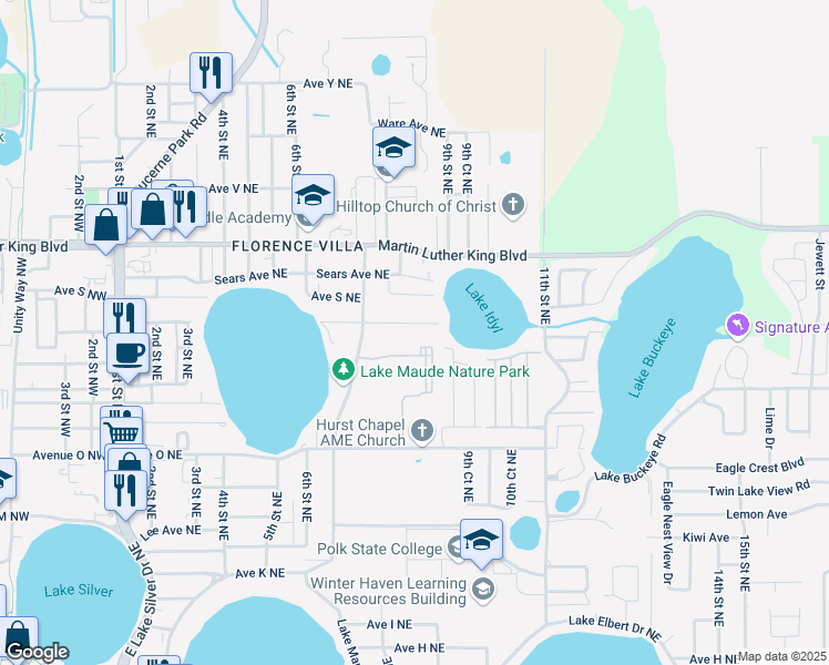 map of restaurants, bars, coffee shops, grocery stores, and more near 834 Avenue R Northeast in Winter Haven