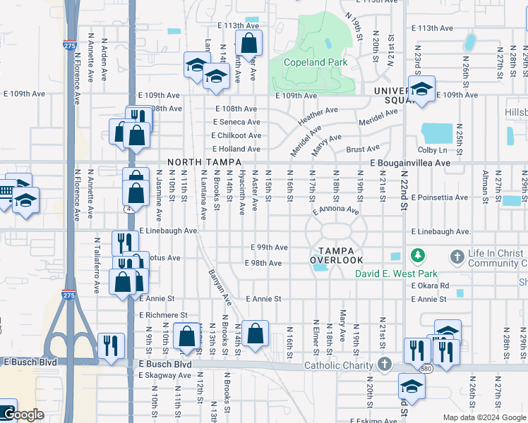 map of restaurants, bars, coffee shops, grocery stores, and more near 10014 North 15th Street in Tampa