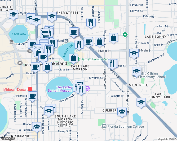 map of restaurants, bars, coffee shops, grocery stores, and more near 828 Lime Street in Lakeland