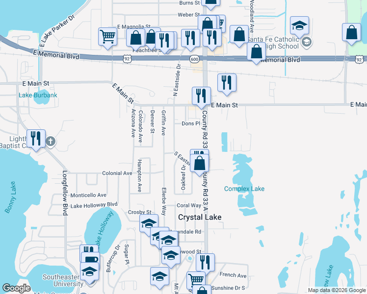 map of restaurants, bars, coffee shops, grocery stores, and more near 318 South Eastside Drive in Lakeland