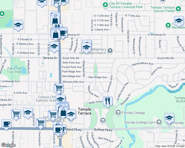 map of restaurants, bars, coffee shops, grocery stores, and more near 311 Park Ridge Avenue in Temple Terrace