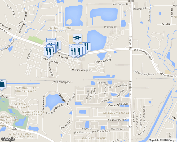 map of restaurants, bars, coffee shops, grocery stores, and more near 9530 West Park Village Drive in Tampa