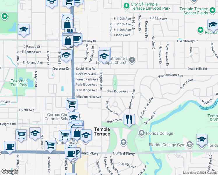 map of restaurants, bars, coffee shops, grocery stores, and more near 311 Park Ridge Avenue in Temple Terrace