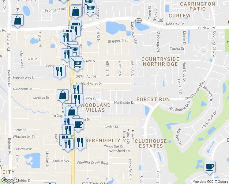 map of restaurants, bars, coffee shops, grocery stores, and more near 3278 Pine Haven Dr in Clearwater