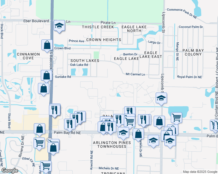 map of restaurants, bars, coffee shops, grocery stores, and more near 1711 Patty Circle Northeast in Palm Bay