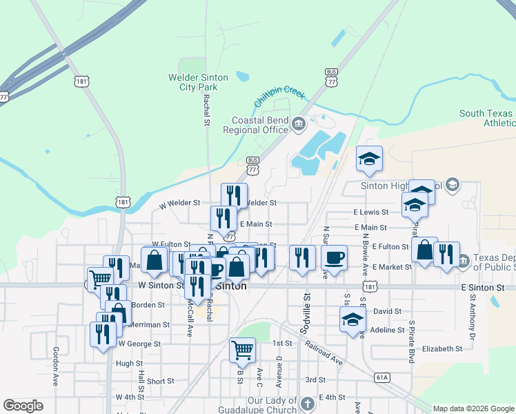 map of restaurants, bars, coffee shops, grocery stores, and more near 308 East Welder Street in Sinton