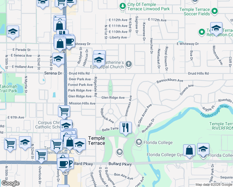 map of restaurants, bars, coffee shops, grocery stores, and more near 409 Park Ridge Avenue in Temple Terrace