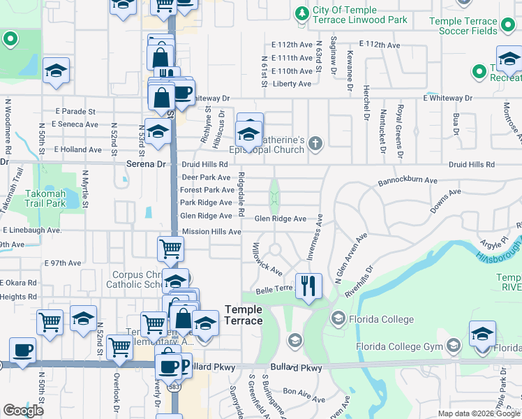 map of restaurants, bars, coffee shops, grocery stores, and more near 311 Park Ridge Avenue in Temple Terrace