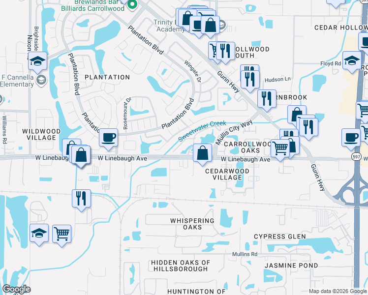 map of restaurants, bars, coffee shops, grocery stores, and more near 10024 Strafford Oak Court in Tampa