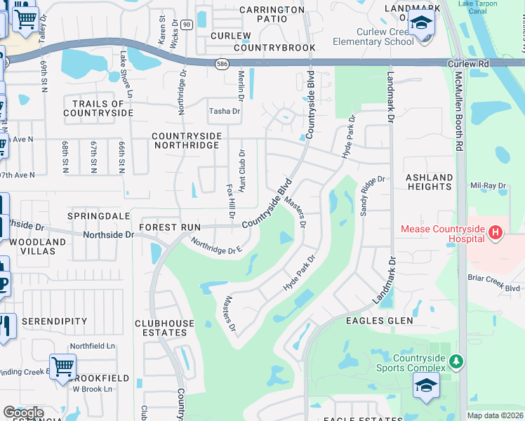 map of restaurants, bars, coffee shops, grocery stores, and more near 2785 Northridge Drive East in Clearwater