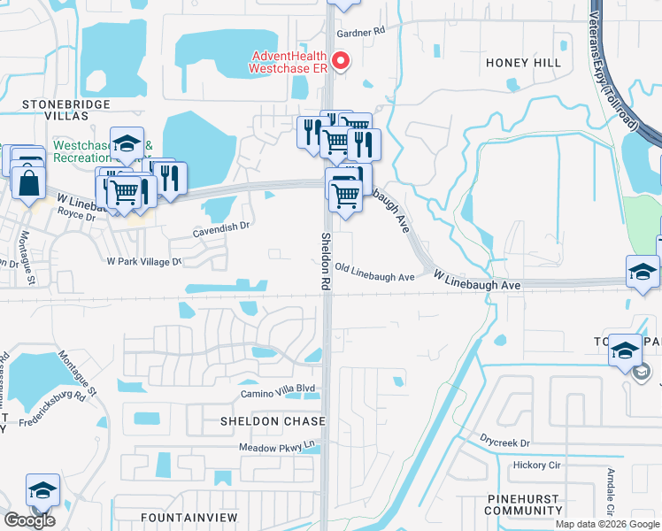 map of restaurants, bars, coffee shops, grocery stores, and more near Sheldon Rd & Old Linebaugh Ave in Tampa