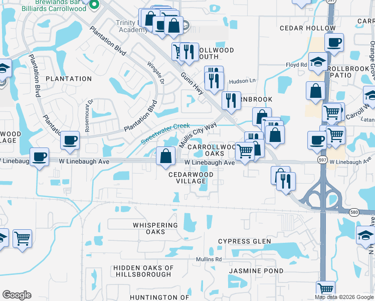 map of restaurants, bars, coffee shops, grocery stores, and more near 4311 Deermont Circle in Tampa