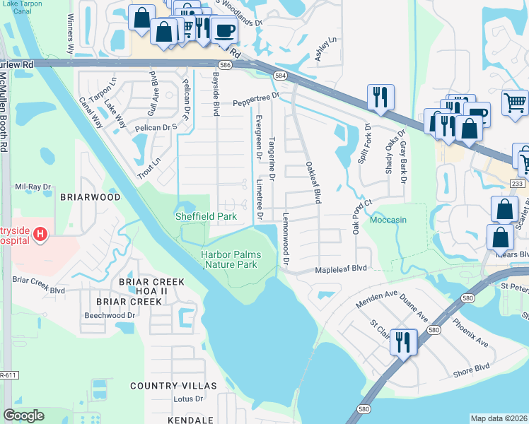 map of restaurants, bars, coffee shops, grocery stores, and more near 609 Limetree Drive in Oldsmar