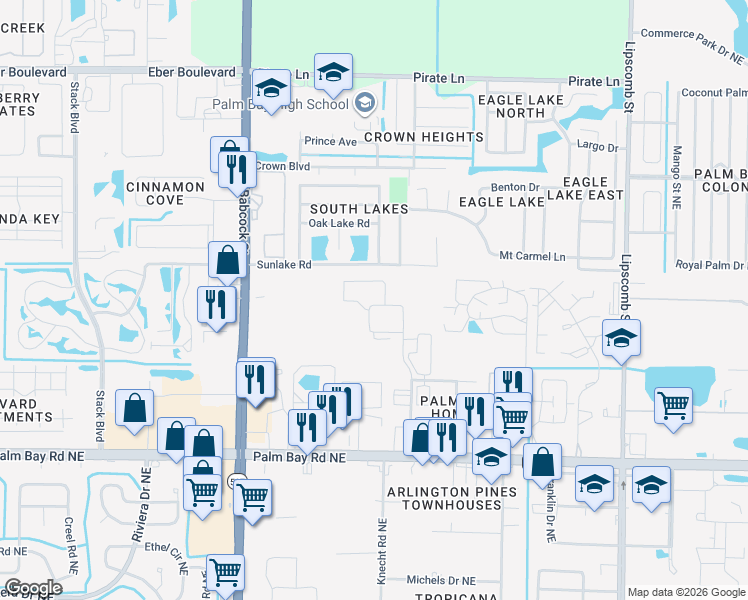 map of restaurants, bars, coffee shops, grocery stores, and more near 1800 Mogra Circle Northeast in Palm Bay