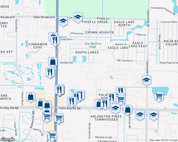 map of restaurants, bars, coffee shops, grocery stores, and more near 5115 Pinewood Drive Northeast in Palm Bay
