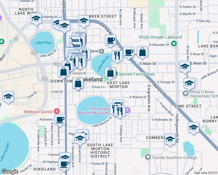 map of restaurants, bars, coffee shops, grocery stores, and more near 319 South Indiana Avenue in Lakeland