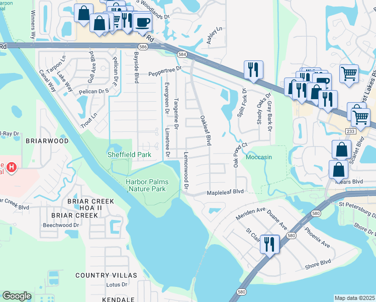 map of restaurants, bars, coffee shops, grocery stores, and more near 1819 Forest Drive in Oldsmar