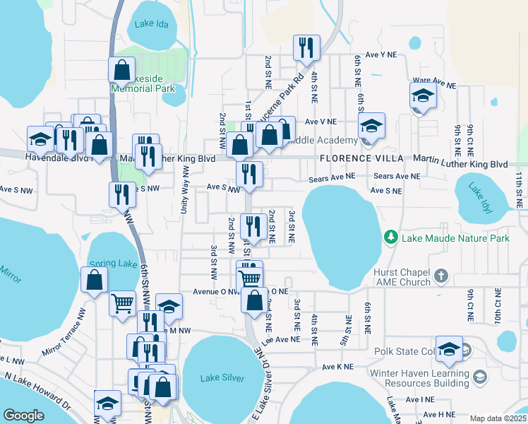 map of restaurants, bars, coffee shops, grocery stores, and more near 1730 Broxey Court Northeast in Winter Haven
