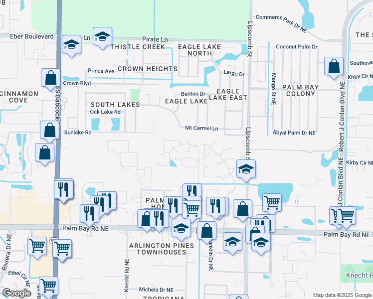 map of restaurants, bars, coffee shops, grocery stores, and more near 3713 Kaileen Circle Northeast in Palm Bay