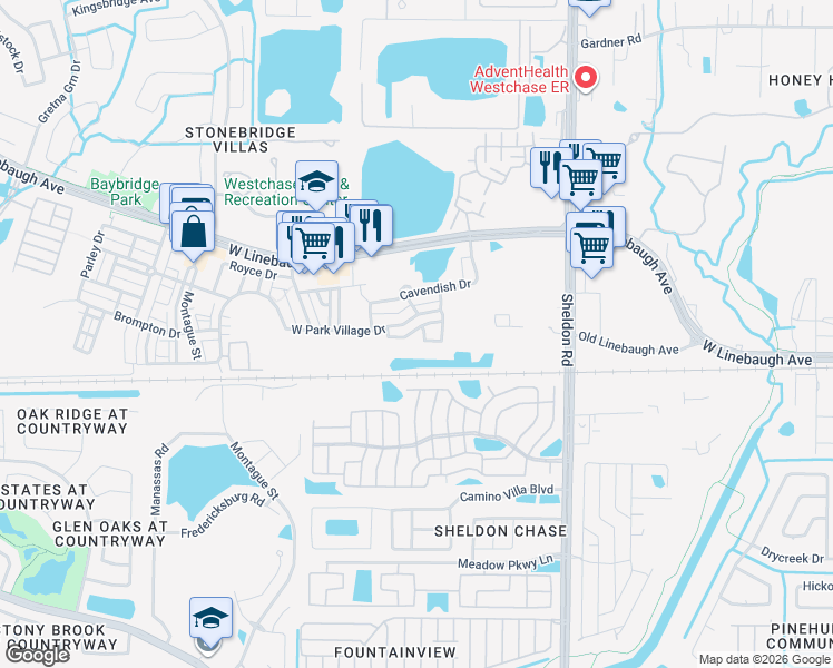 map of restaurants, bars, coffee shops, grocery stores, and more near 9510 Georgian Park Lane in Tampa