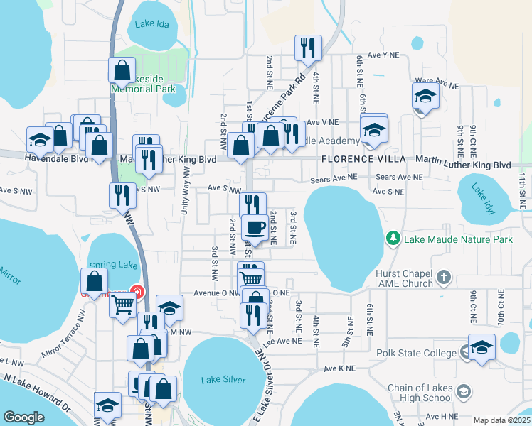map of restaurants, bars, coffee shops, grocery stores, and more near 1730 Broxey Court Northeast in Winter Haven