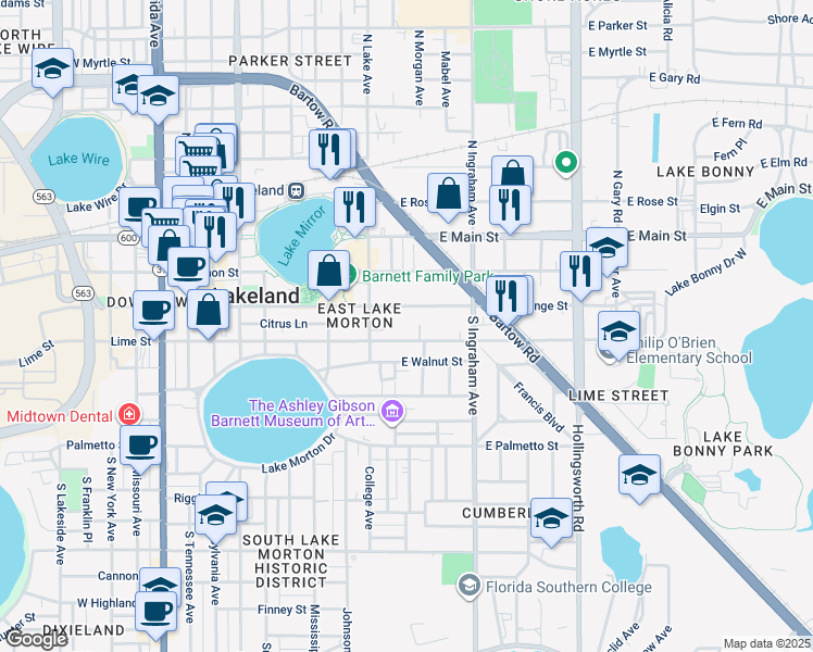 map of restaurants, bars, coffee shops, grocery stores, and more near 838 East Lime Street in Lakeland