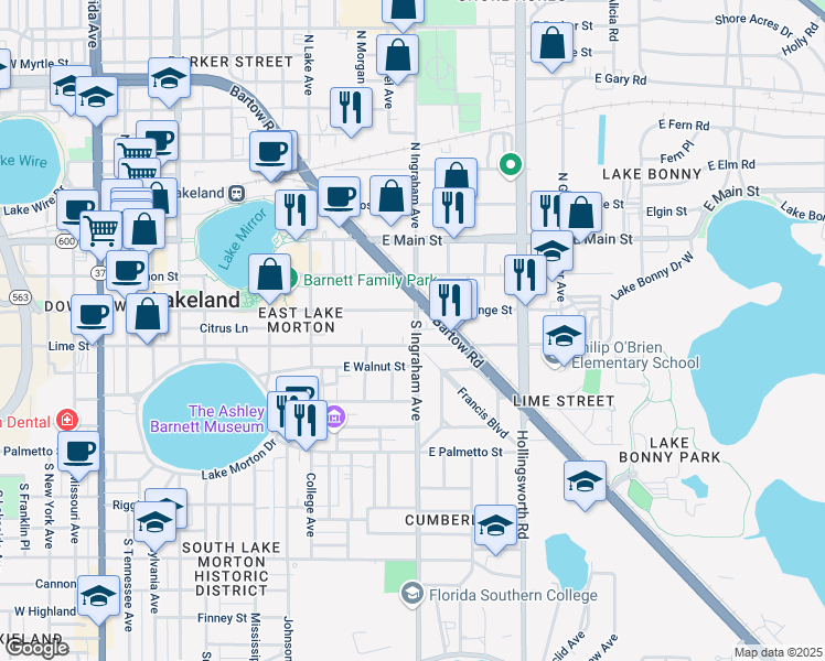 map of restaurants, bars, coffee shops, grocery stores, and more near 317 South Ingraham Avenue in Lakeland