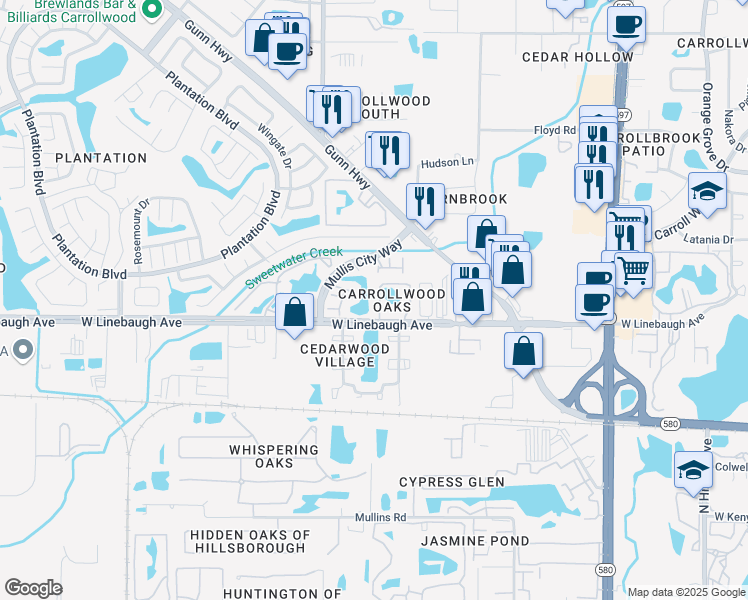 map of restaurants, bars, coffee shops, grocery stores, and more near 10121 Lake Oak Circle in Tampa