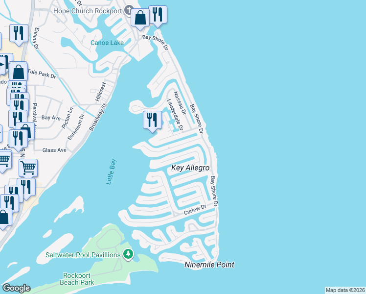 map of restaurants, bars, coffee shops, grocery stores, and more near 18 Flamingo Road in Rockport