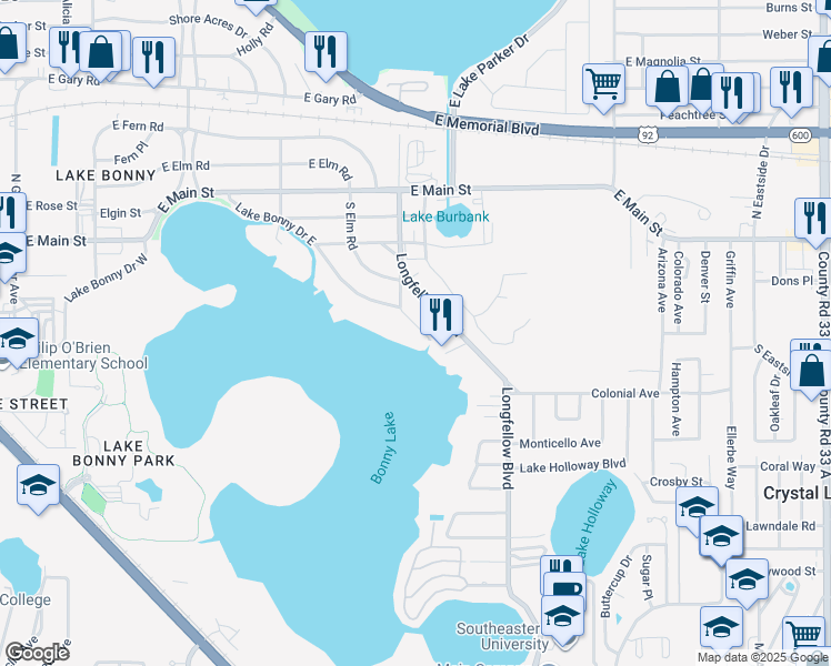 map of restaurants, bars, coffee shops, grocery stores, and more near 561 Lake Bonny Drive East in Lakeland