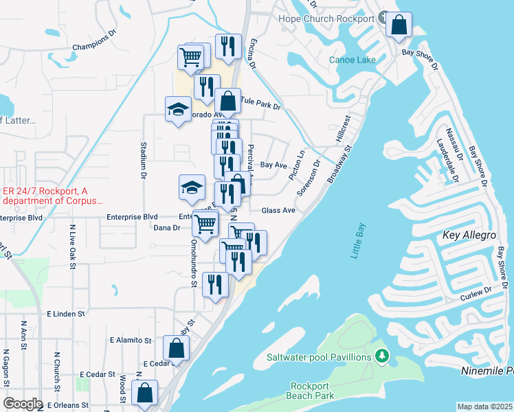 map of restaurants, bars, coffee shops, grocery stores, and more near 1904 Glass Ave in Rockport