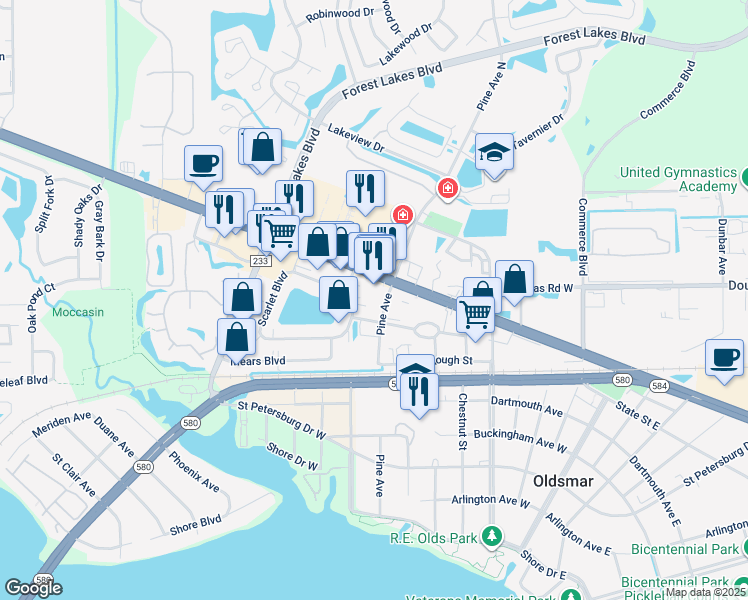 map of restaurants, bars, coffee shops, grocery stores, and more near 85 Pine Avenue in Oldsmar