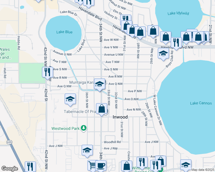 map of restaurants, bars, coffee shops, grocery stores, and more near 3324 Avenue Q Northwest in Winter Haven