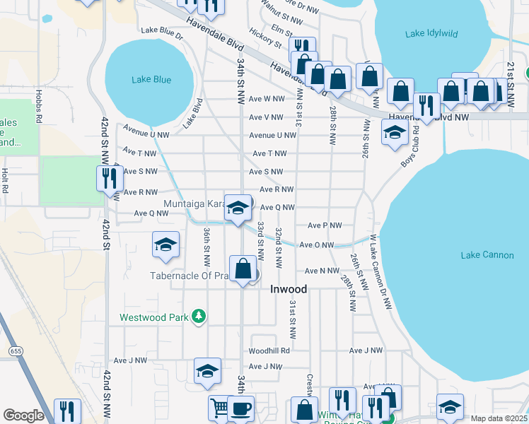 map of restaurants, bars, coffee shops, grocery stores, and more near 1594 33rd Street Northwest in Winter Haven