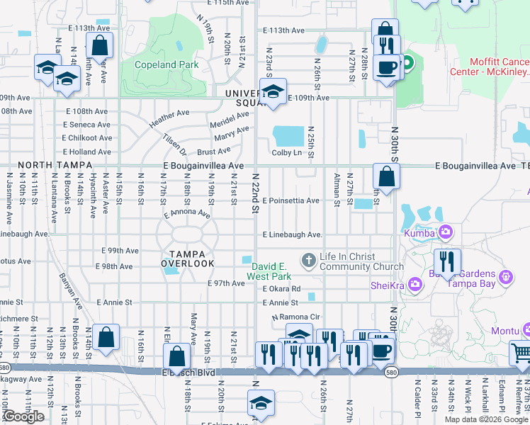 map of restaurants, bars, coffee shops, grocery stores, and more near 10014 North 23rd Street in Tampa