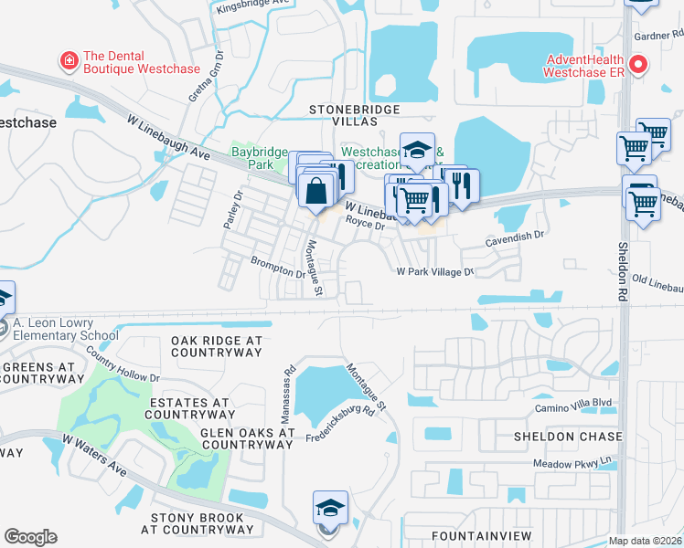 map of restaurants, bars, coffee shops, grocery stores, and more near 9828 West Park Village Drive in Tampa