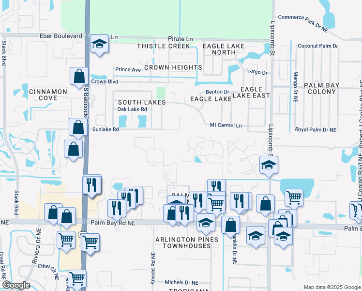 map of restaurants, bars, coffee shops, grocery stores, and more near 1713 Erin Court in Palm Bay