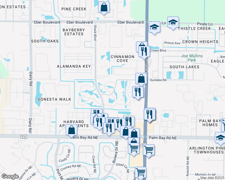 map of restaurants, bars, coffee shops, grocery stores, and more near 183 Lake in the Woods Drive in Melbourne
