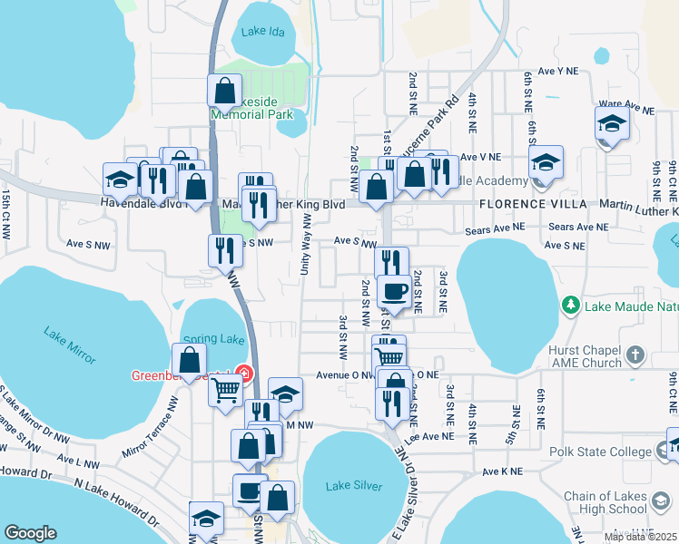 map of restaurants, bars, coffee shops, grocery stores, and more near 181 Avenue R Northwest in Winter Haven
