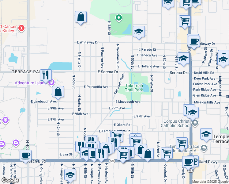 map of restaurants, bars, coffee shops, grocery stores, and more near 10010 Takomah Trail in Tampa