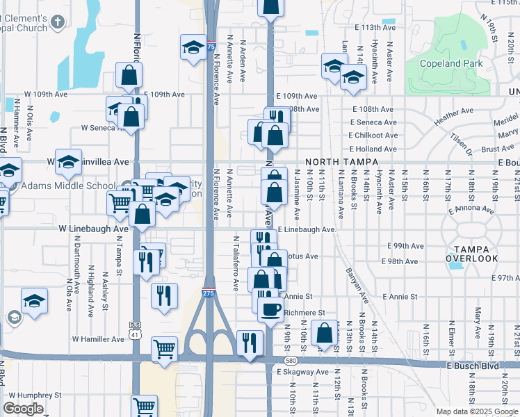 map of restaurants, bars, coffee shops, grocery stores, and more near 802 East Brawin Avenue in Tampa