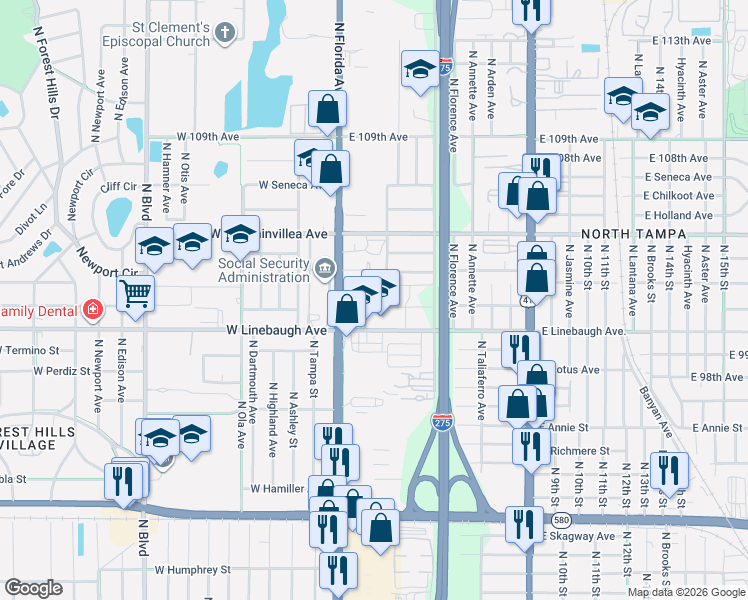map of restaurants, bars, coffee shops, grocery stores, and more near 302 East Linebaugh Avenue in Tampa