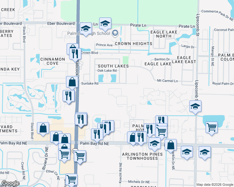 map of restaurants, bars, coffee shops, grocery stores, and more near 1800 Mogra Circle Northeast in Palm Bay