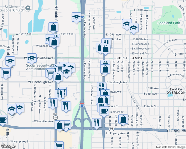 map of restaurants, bars, coffee shops, grocery stores, and more near 10101 North Annette Avenue in Tampa