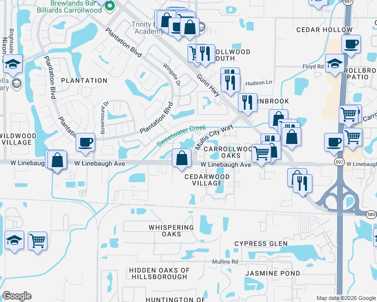 map of restaurants, bars, coffee shops, grocery stores, and more near 4115 Chatham Oak Court in Tampa
