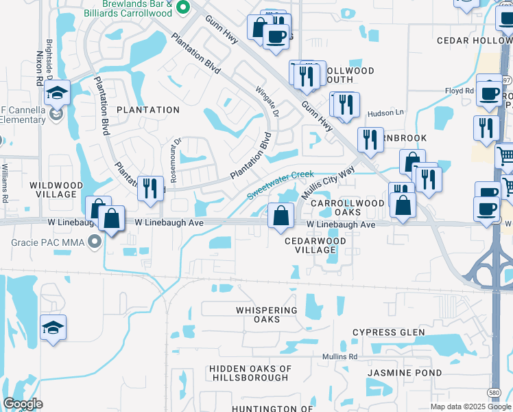 map of restaurants, bars, coffee shops, grocery stores, and more near 10024 Strafford Oak Court in Tampa